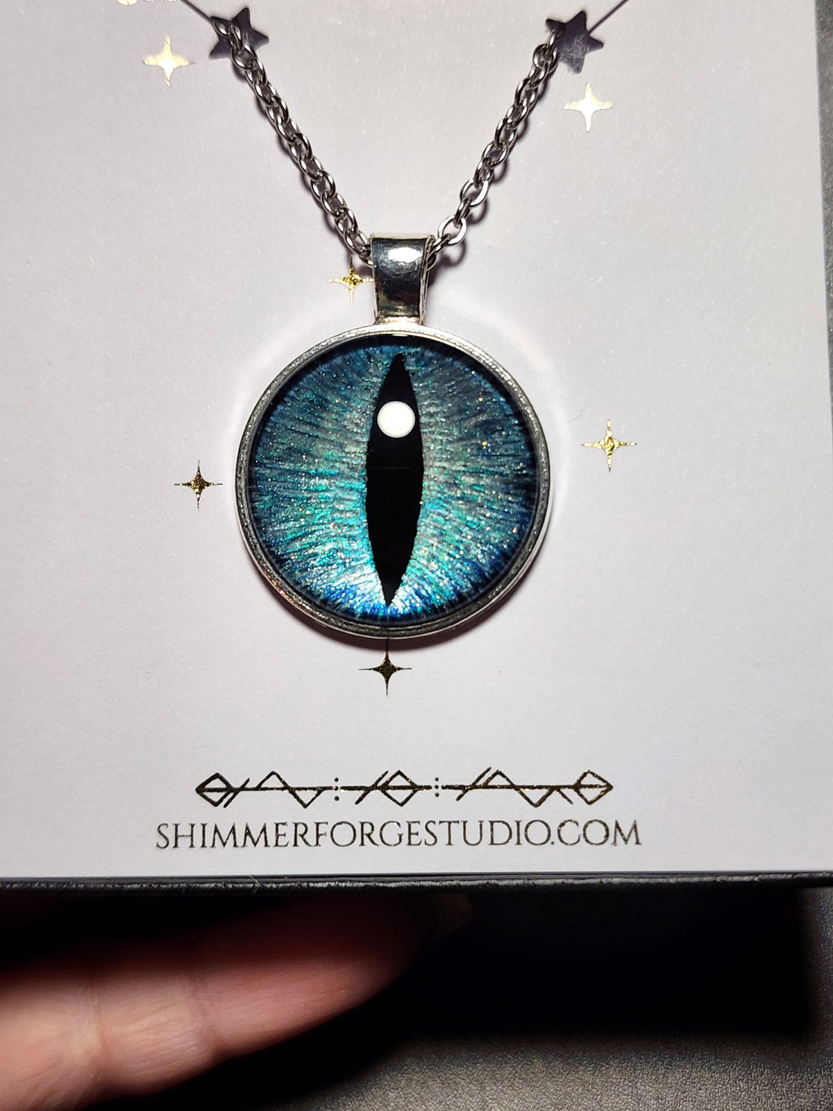 Ice Blue Dragon Eye Necklace Hand-Painted Fantasy Pendant Cyan Dragon Jewelry for Mythical Style & Gifts
