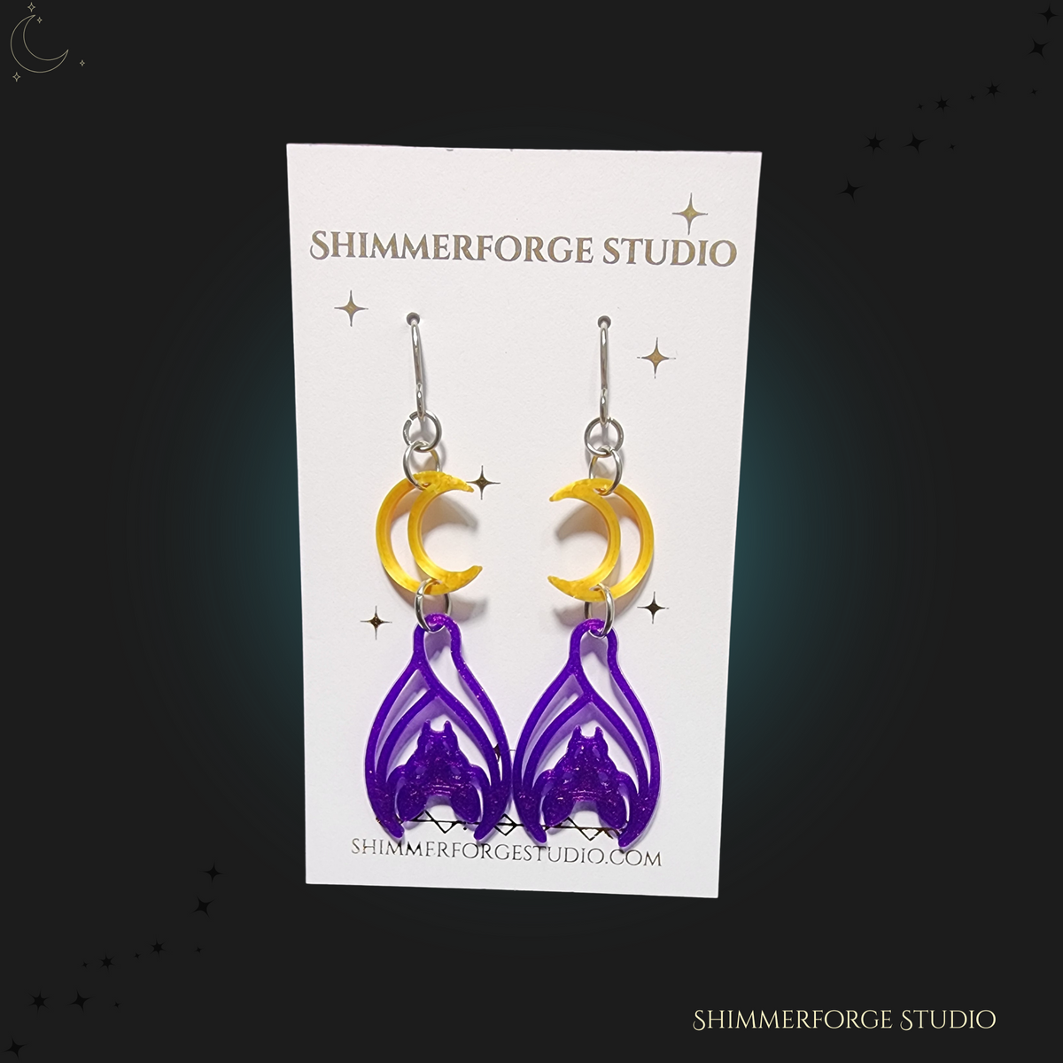 Moon and Bat Earrings Holographic Shimmer Iridescent Lightweight Dangle Earrings Handmade Statement Jewelry Witchy Spooky