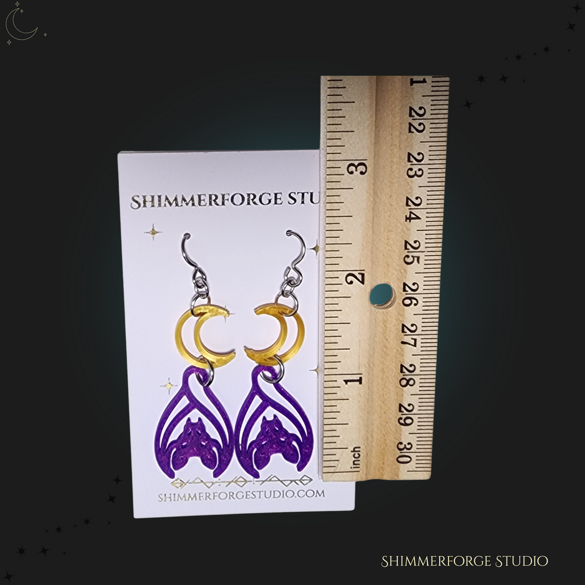 Moon and Bat Earrings Holographic Shimmer Iridescent Lightweight Dangle Earrings Handmade Statement Jewelry Witchy Spooky