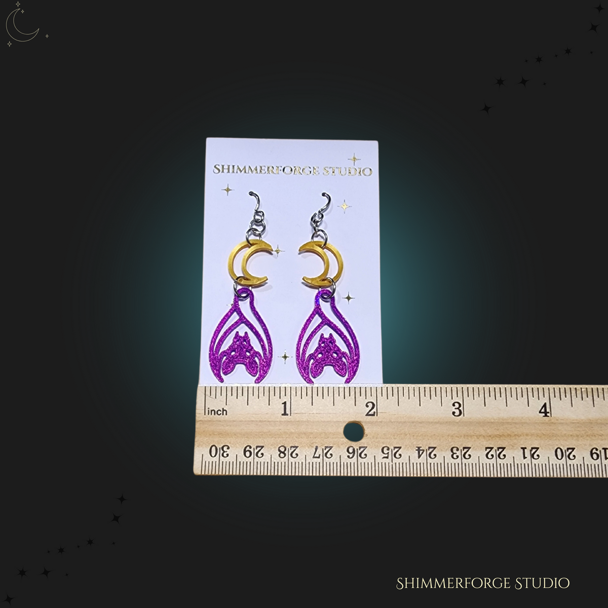 Moon and Bat Earrings Holographic Shimmer Iridescent Lightweight Dangle Earrings Handmade Statement Jewelry Witchy Spooky