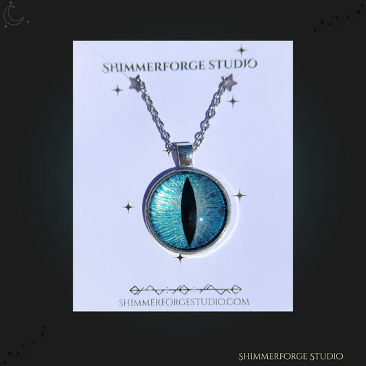 Ice Blue Dragon Eye Necklace Hand-Painted Fantasy Pendant Cyan Dragon Jewelry for Mythical Style & Gifts