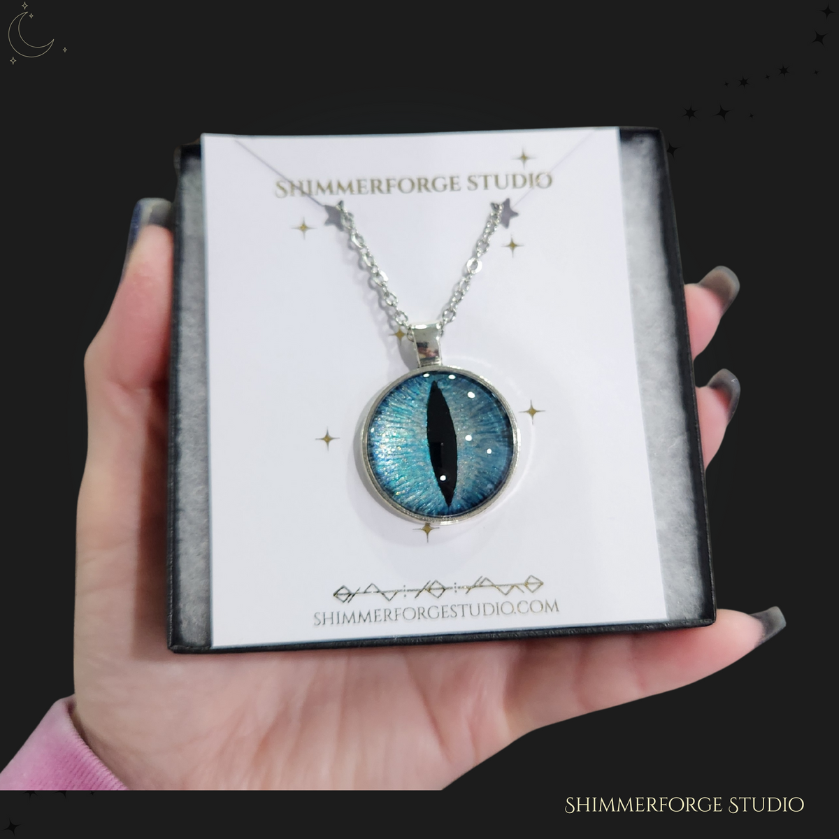 Ice Blue Dragon Eye Necklace Hand-Painted Fantasy Pendant Cyan Dragon Jewelry for Mythical Style & Gifts