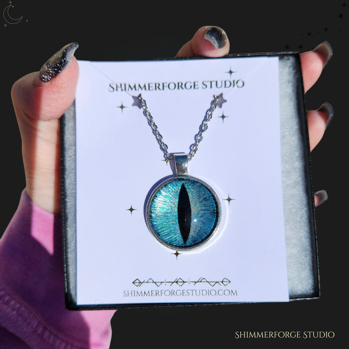 Ice Blue Dragon Eye Necklace Hand-Painted Fantasy Pendant Cyan Dragon Jewelry for Mythical Style & Gifts