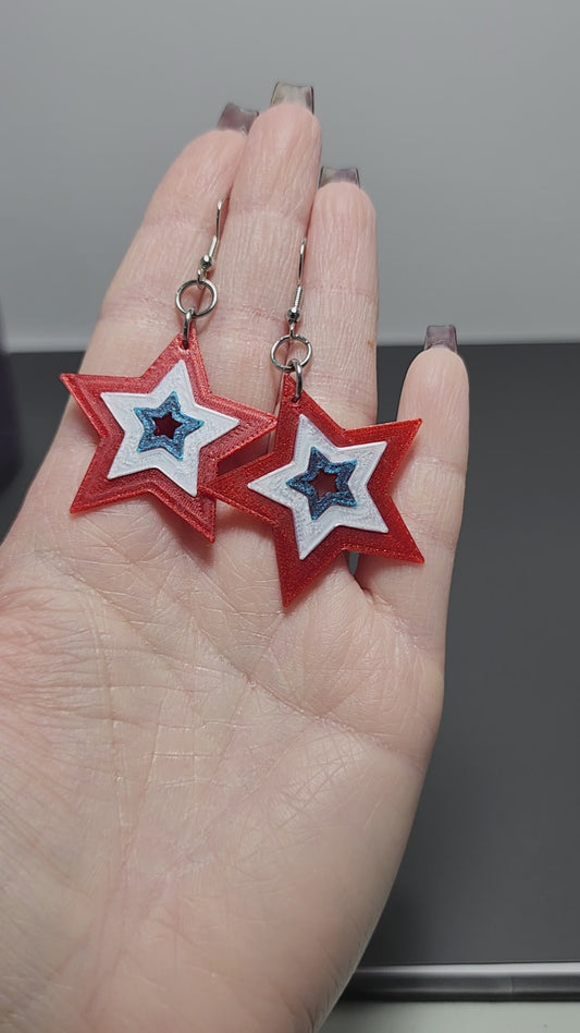 4th of July Patriotic Star Earrings Red White Blue Shimmer Multiple Ear Wire Options